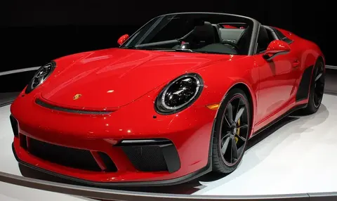The front of a 2019 Porsche 911 Speedster at the New York International Auto Show, from the run capped at exactly 1,948 cars worldwide.