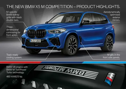 A BMW X5 M of the F95 generation from BMW's launch press photography, the car whose gearbox uses navigation and radar data to plan its shifts.