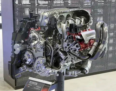 The 5.5 litre LT6 flat-plane crank V8 from the C8 Corvette Z06, displayed at the New York motor show.