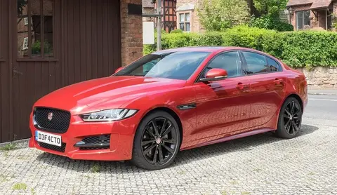 A Jaguar XE in three-quarter view, marketed at launch as the only aluminium-intensive monocoque in its class.