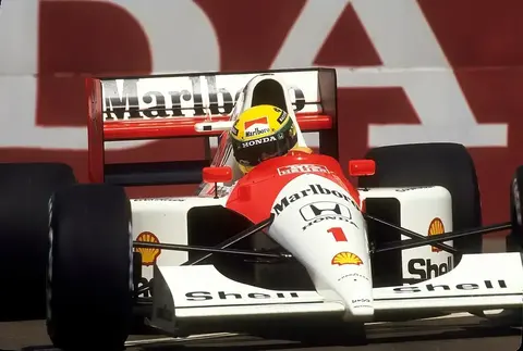 Ayrton Senna at the wheel of his McLaren MP4-6 Formula 1 car during the 1991 United States Grand Prix.